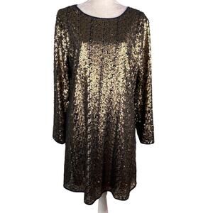NY Collection Sequined Sheath LS Dress Large Gold Navy New